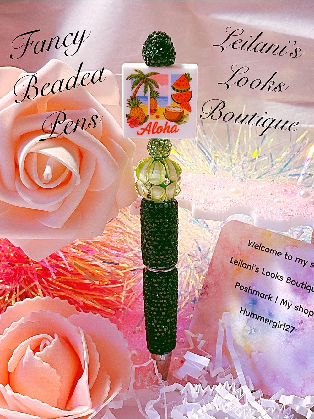 Aloha Beaded Pen/green beads/Fancy beaded Pen/gifts/tropical/summertime/